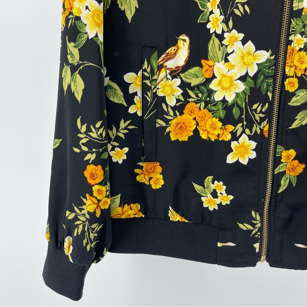 Susan Graver Bird Floral Print Bomber Jacket in Black/Yellow, Women's Small - Picture 5 of 8